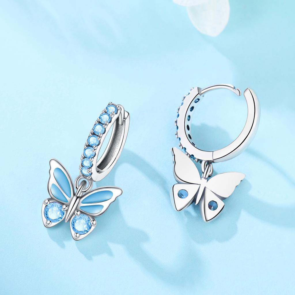 Copper Silver Plated Multi Color Butterfly Dangle Huggie Earrings Glossy Enamel Sparkling CZ Inlaid Drop Hoops Trendy Elegant