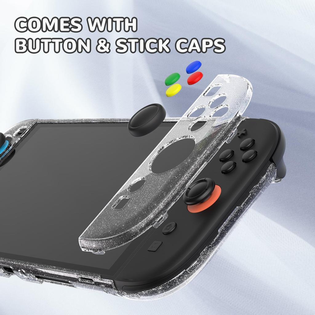 PlayVital Clear Series Clear Hard Shell Case for Switch 2 Dock Protective Cover with Folding Stand and Thumb Grips Glitter (2025), Compatible,