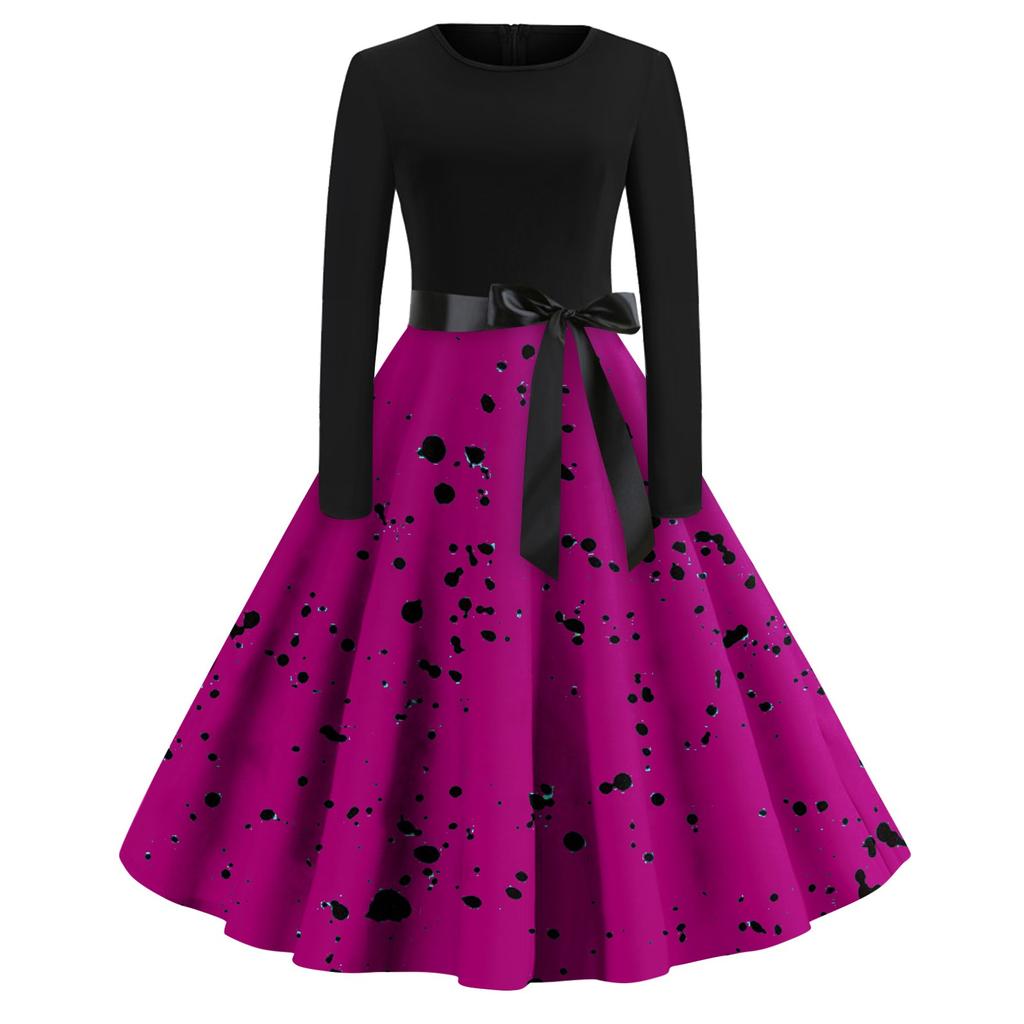 Women's Casual And Fashionable Long Sleeved R-neck Polka DotPrint Dress