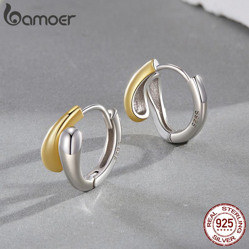 BAMOER 18K Gold Двухцветные серьги-кольца из стерлингового серебра 925 пробы с каплями воды для женщин Массивные модные серьги с витыми звеньями Ювелирный подарок