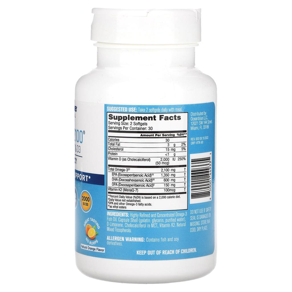 Professional, Omega 3 2100, with Vitamin K2 and D3, High Potency, Natural Orange, 60 Softgels
