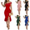 Women's Fashion Tight Pack Hip One Shoulder Ruffle Solid Colour Dresses