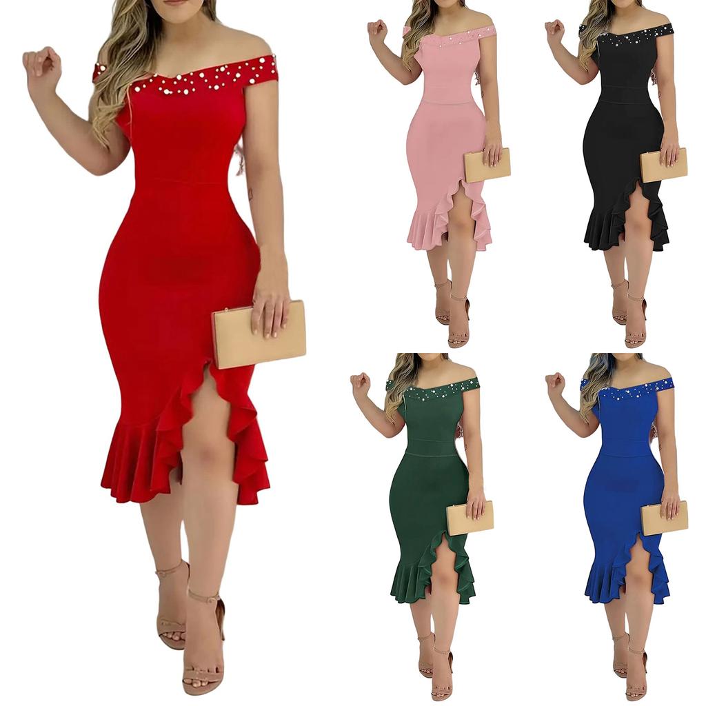 Women's Fashion Tight Pack Hip One Shoulder Ruffle Solid Colour Dresses