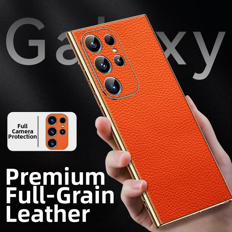 Чехол для телефона из натуральной кожи с тиснением "Личи" для Samsung Galaxy S26 S22 S23 S25 Ultra S24 Plus S26+ Электрооцинкованный Мягкий чехол S0035