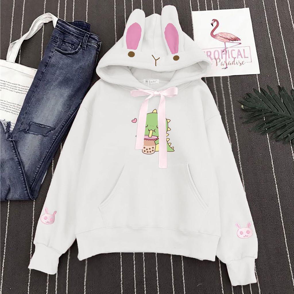 Женская повседневная модная вышитая толстовка с капюшоном и карманом с милыми кроличьими ушками и принтом динозавра