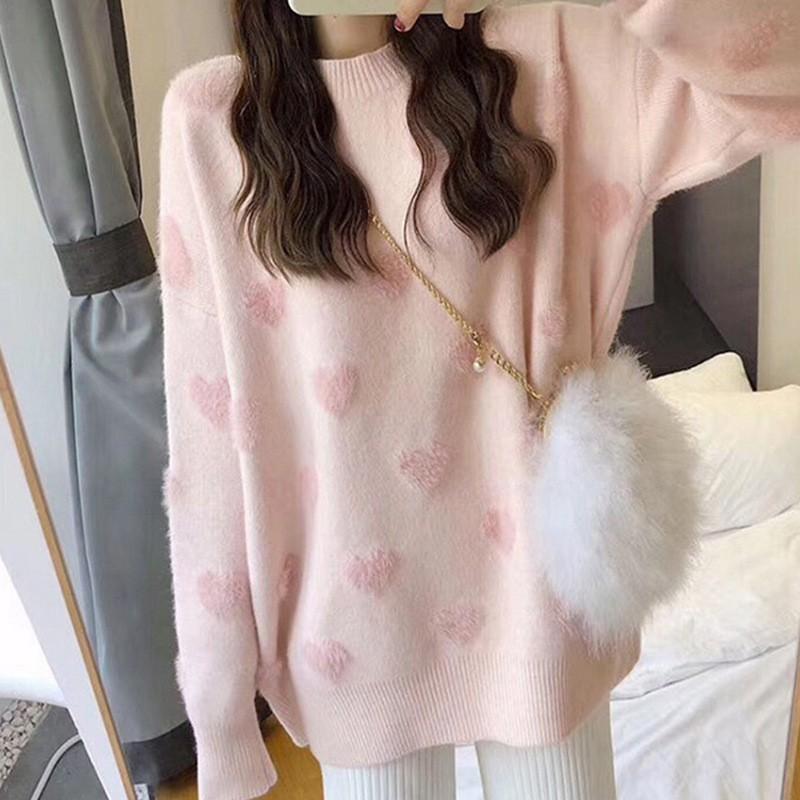 Womens Heart Knit Sweater Loose Fit Round Neck Long Sleeve Pullover 2026 Fall Winter
