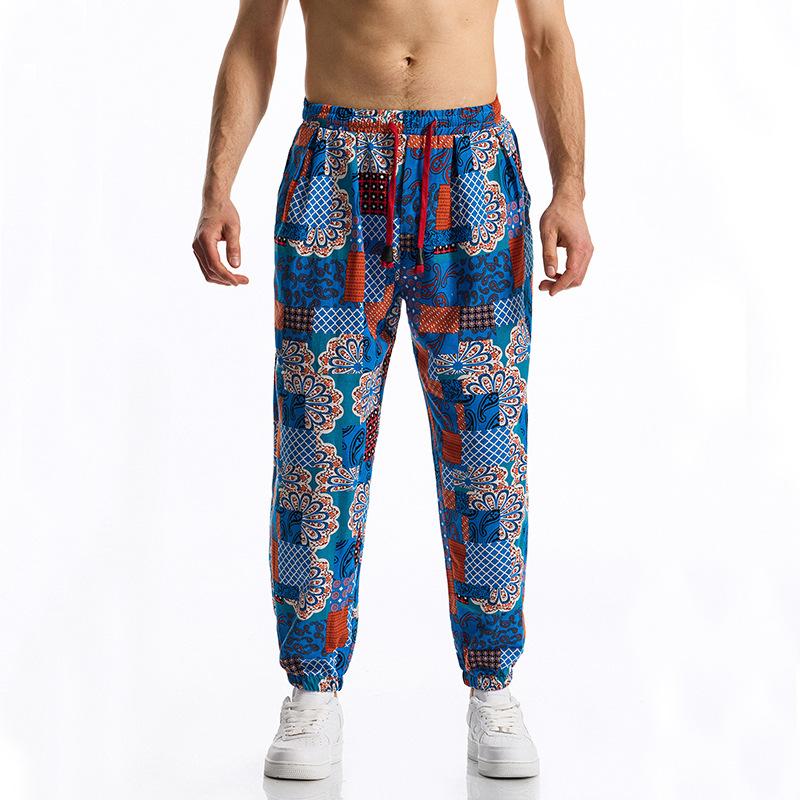 Spring and Summer Men's Linen Cotton Printed Casual Pants