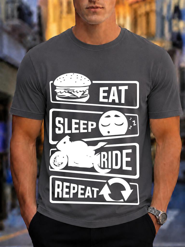 2026 New Arrival 100 Cotton Tshirt Eat Sleep Ride Repeat Motorcycle Burger Biker Slogan Print Crew Neck Casual Tee