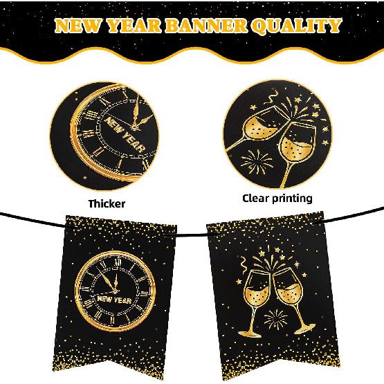 Happy New Years Eve Party Decorations, New Year Party Supplies - Black and Gold Banner (NYE B)