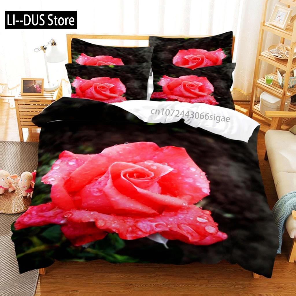 Red Rose Duvet Cover Comforter Pillow Case King Queen Size Flower Theme Valentine's Day Present For Women Room Decorations Gifts
