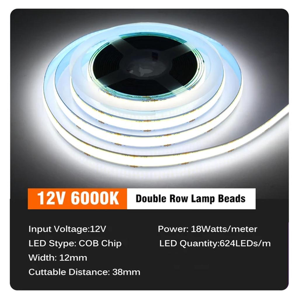 COB LED Lights Strip DC12V/24V High Brightness Flexible FOB LED Tape Double Row 624LEDs/m RA90 3000K 4000K 6000K Dimmable Strip
