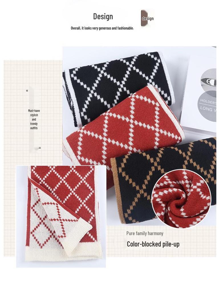 Шарф в клетку винного цвета: Теплая, универсальная шаль для осени/зимы, корейский стиль, имитация кашемира.