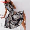 Summer Women Shirt Lace-Up Belt Dress V Neck Button Short Sleeve Party Dress Vintage Pattern Print A-Line Midi Dresses