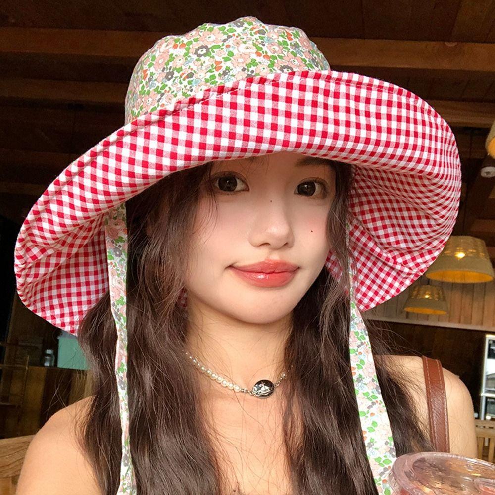 Floral Hiking Fisherman Hat Sun Protection Heart Printed Bucket Hat Plaid Hiking Cap Travel