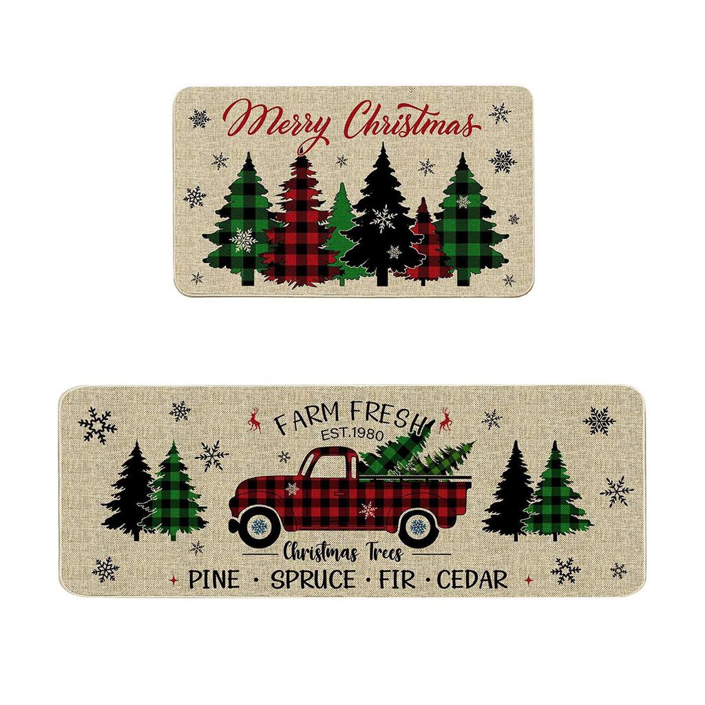 VIKAMA 2pcs Christmas Winter Crystal Velvet Floor Rug Kitchen Non-slip Mat Entrance Welcome Door Mat Holiday Home Decoration