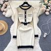 Autumn Women Knitted Sweater Dresses O Neck Contrasting Colors Long Sleeved New Fashion Vintage Sheath Bodycon Dress