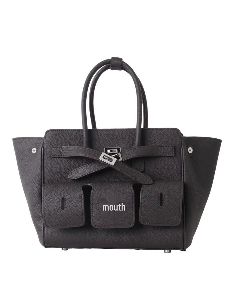 Women's Biker Genuine Leather Multi-Pocket Tote with Dark Square Buckle