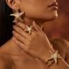 Exaggerated Metal Starfish Bangles Ring Earring Set for Women Bohemia Conch Open Cuff Bangles Beach Vacation Jewelry Gifts