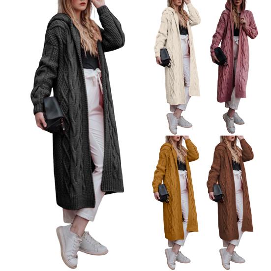 Long Style Women Cardigan Loose Fit Solid Color Hooded Front Open Warm Autumn Winter Twist Design Knit Coat For Daily Wear