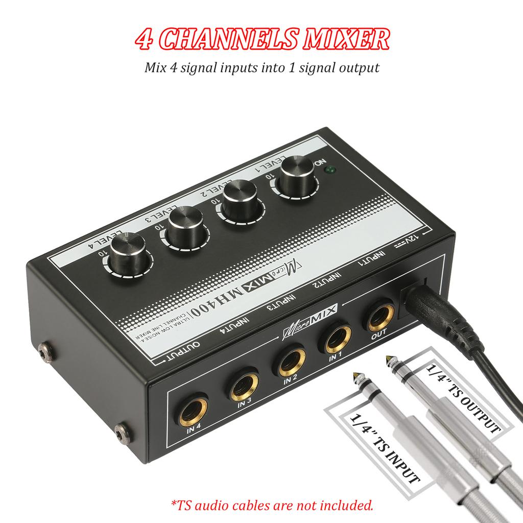 MH400 Ультрамалошумящий 4-канальный линейный микшер Мини-аудиомикшер с 1/4-дюймовыми входами TS и выходной громкостью