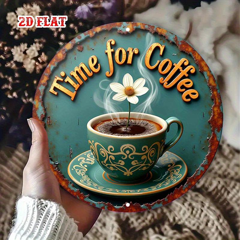 Vintage Coffee Metal Wall Art Retro Time for Coffee Sign Teal Gold D Flat Aluminum Tin Poster for Kitchen Easy Hang