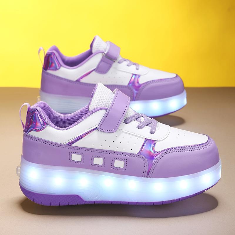 Светящиеся кроссовки для мальчиков Спортивная обувь Обувь для трения Твердая волшебная заплатка Может заряжаться Двухрядные скользящие тапочки с колесами