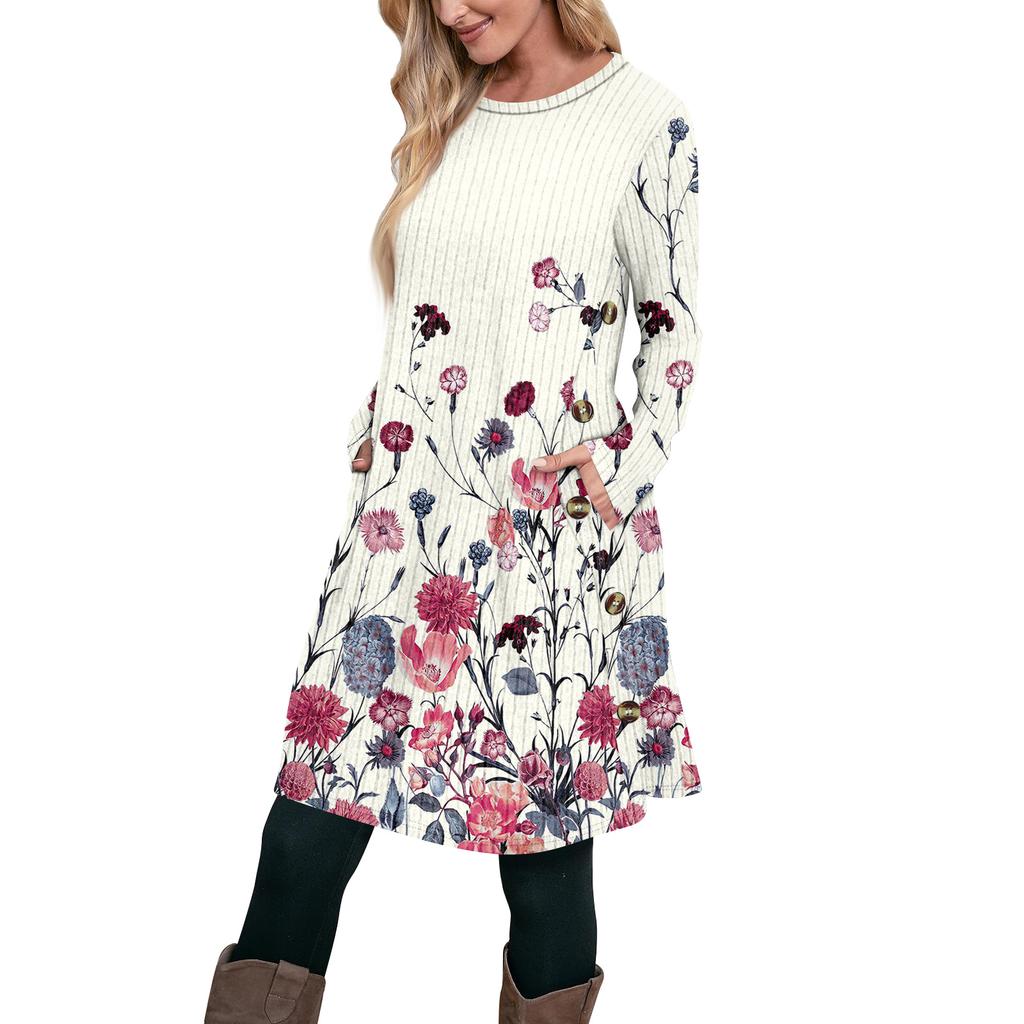 Женское модное повседневное платье-туника с длинным рукавом и карманами, платье с боковыми пуговицами