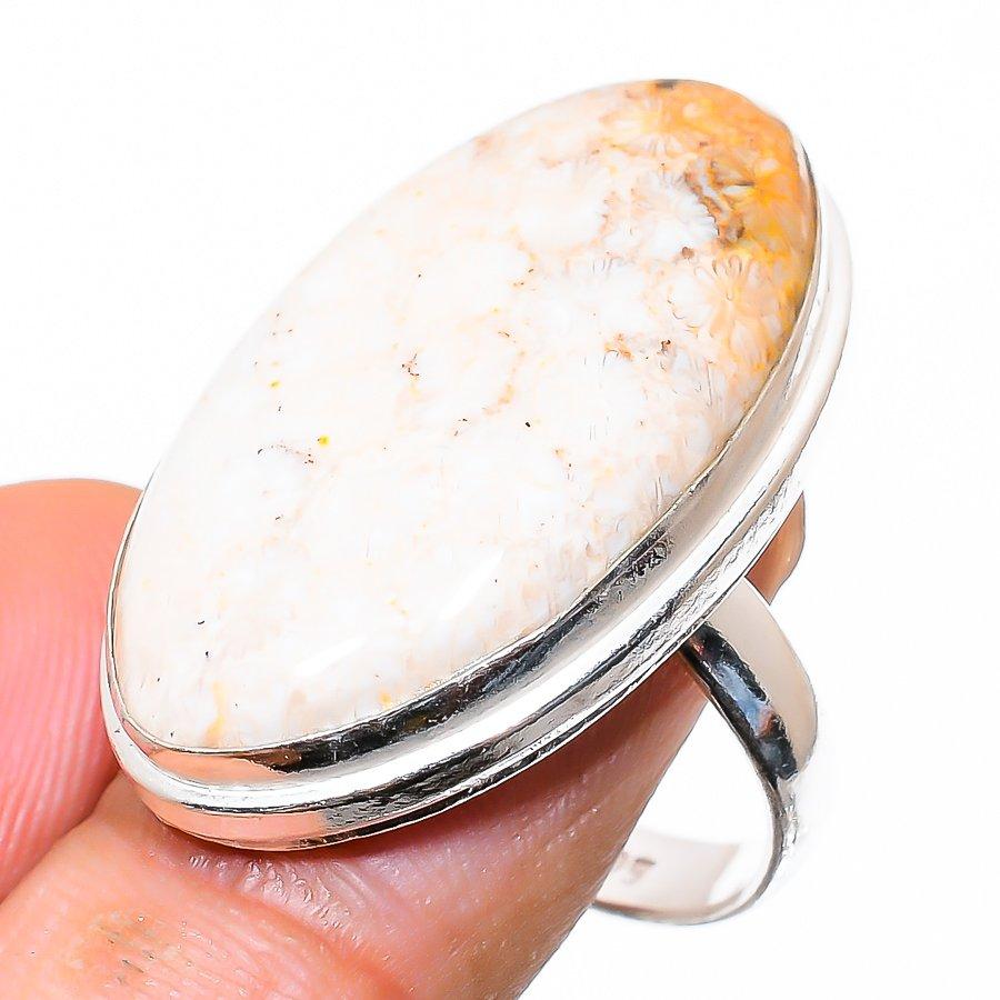 Fossil Coral Gemstone 925 Sterling Silver Gift Jewelry Ring Size 8.5