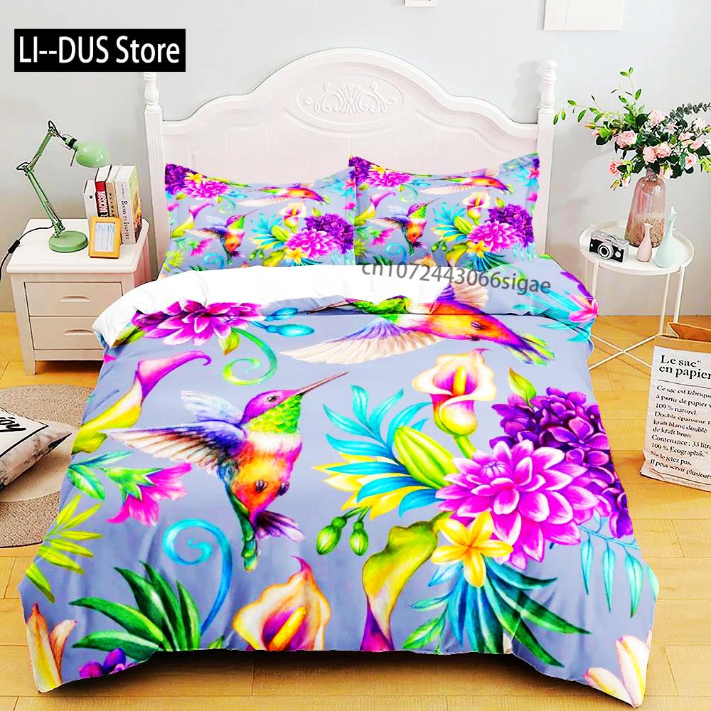 Набор постельного белья из стиранного хлопка с 3D-печатью, рисунок птицы и цветы, маленький односпальный, полуторный, двуспальный, королевский, суперкоролевский размер