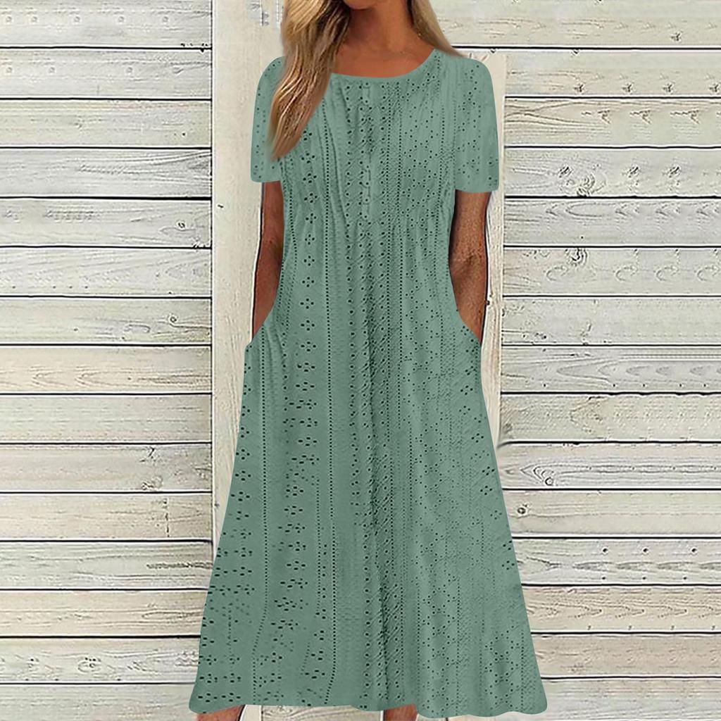 Женская мода, летние однотонные повседневные плиссированные платья с круглым вырезом в курортном стиле