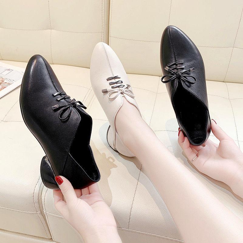 Microfiber Leather Shoes Woman Mid Heels Women Casual Shoe Korea Style Block Heel Slip On Footware for Office Lady Beige BLACK