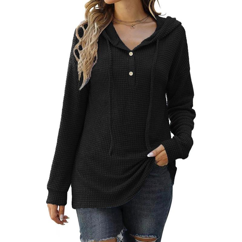 Autumn Winter Women's Loose Sports Knit Sweater, Long Sleeved Button Up Hooded Sweater