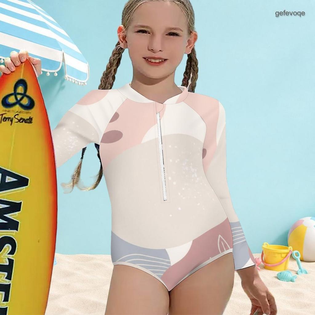 Girls High Neck Long Sleeve Front Zip Leaf Printed One Piece Swimsuit