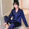 Women's Plus-Size Long-Sleeve Silk Imitation Pajama Set with Lapel