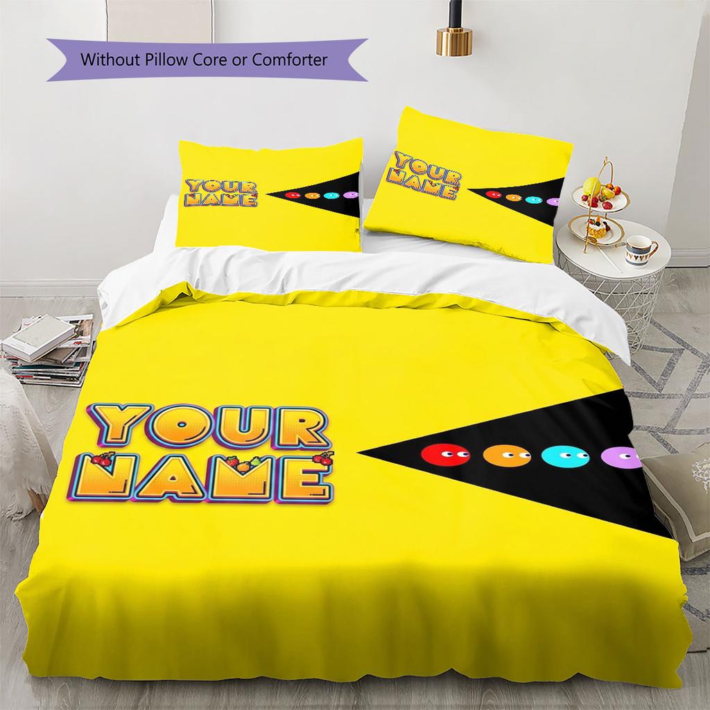 Pac-Man Custom Name Pattern Bedding,Quilt Set Quilt Cover Pillowcase Home Birthday Gift(1 * duvet cover + 2 * pillowcase, without core)