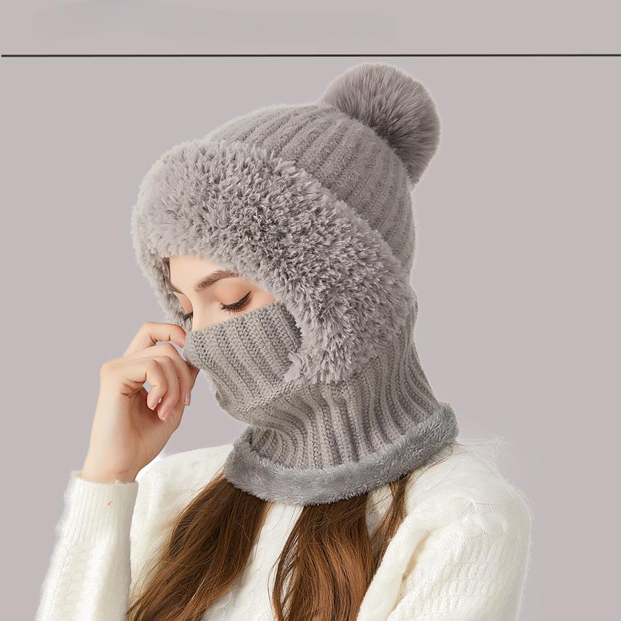 Knitted Hat Thickened and Velvet Hat Scarf Mask One-piece Hat Winter Warm Hat for Women