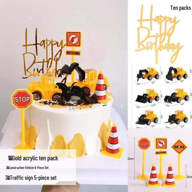 Топперы для торта Строительная техника: Экскаватор, Бульдозер, Вставки для дорожных блоков, Фигурки для дня рождения мальчика