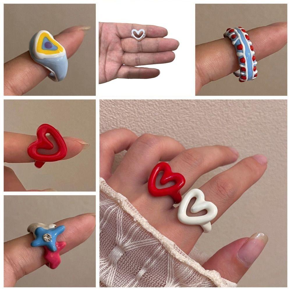 Chunky Jewelry Enamel Heart Ring Y2K Geometric Ring Unique Finger Buckle Men