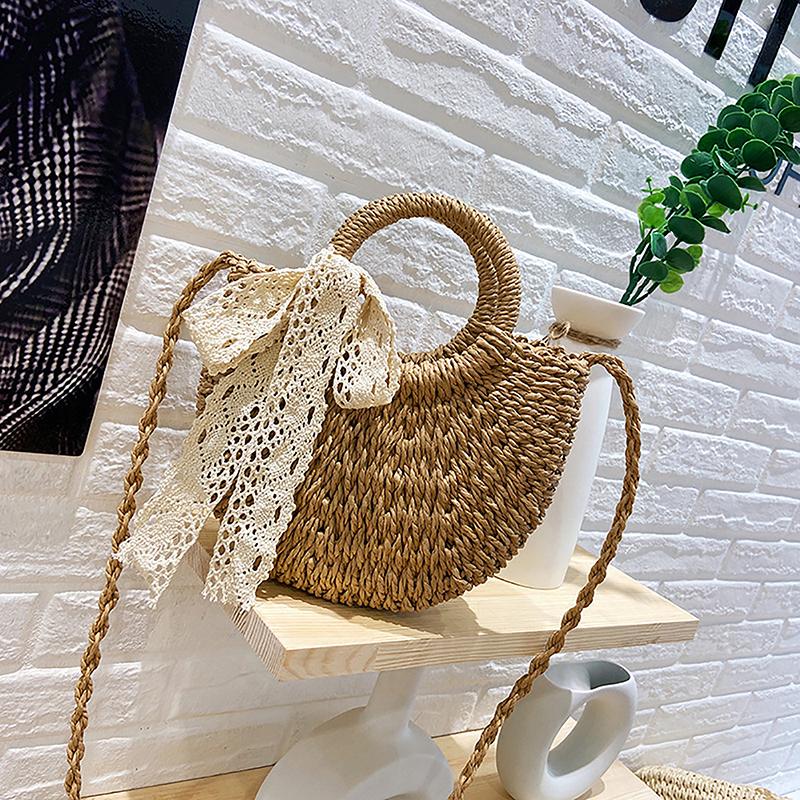 Handmade Half-Round Rattan Woven Straw Bag Summer Women Messenger Crossbody Bags Girls Small Beach Handbag