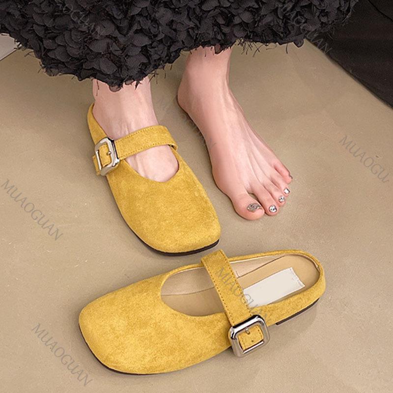 Fashion Spring Retro Single Shoes Comfortable Flat Bottom Ladies Sandals Square Toe Ballerina Style Slippers Casual Solid Mules Slides
