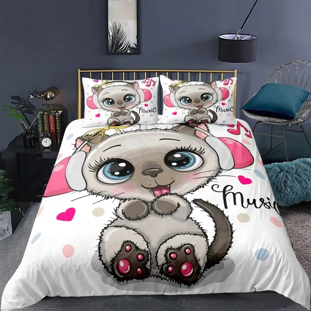 Cat Fashion Pig Cartoons Flat Comfortable Duvet Quilt Cover Pillowcase Bedding Set Children Bedroom Decoration Home Textile