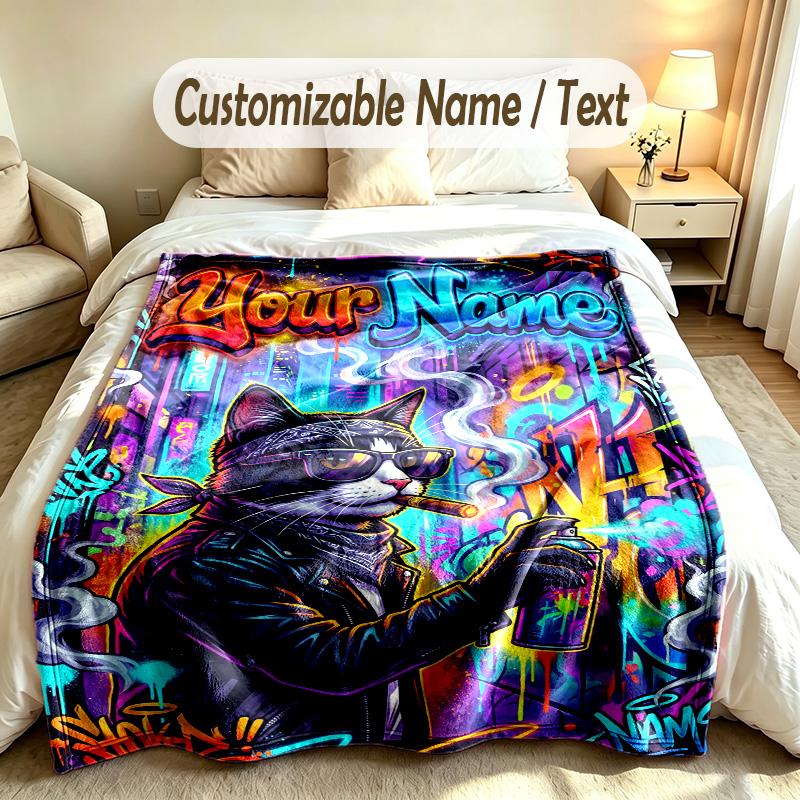 Cat Theme Soft Blanket Personalized Custom Name Text Print Warm Blanket Home Sofa Bedroom Decor