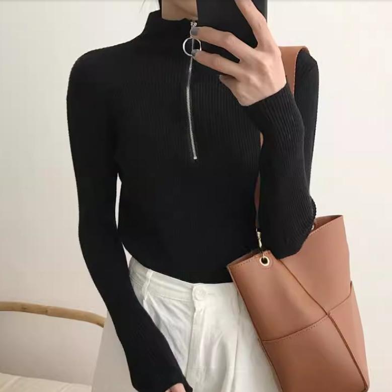 Spring Autumn Knitted Half Turtleneck Long Sleeve Slim Jumper Tops Women Sweater Pullover Solid Zipper Ladies Casual Sweaters