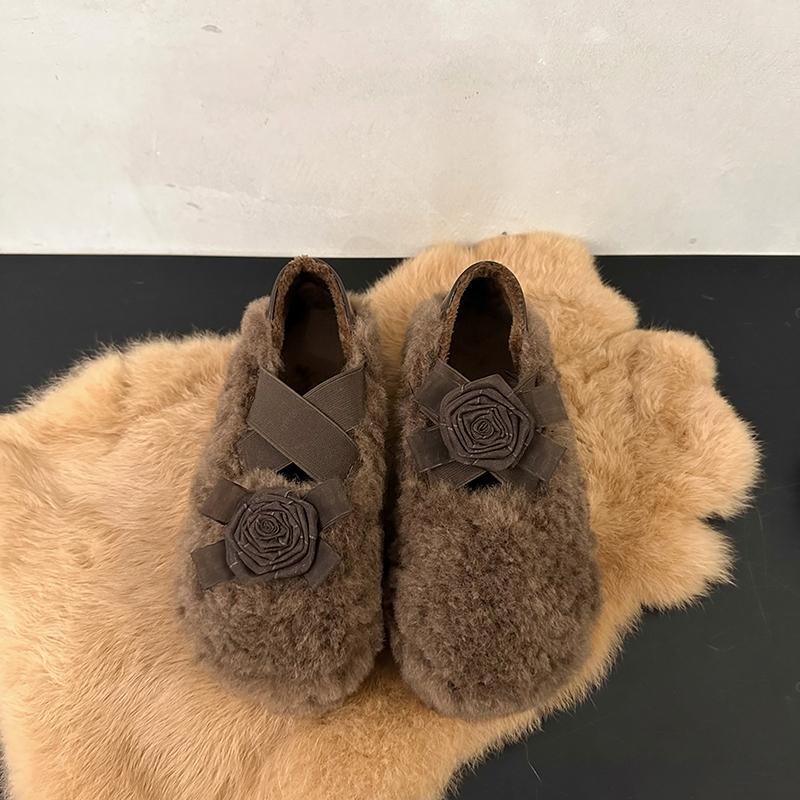 Fur Flower Women Flats Loafers Shoes Warm Cotton Fluffy Slippers 2025 Trend Winter Warm Snow Boots Sneakers Ballet Dance Shoes