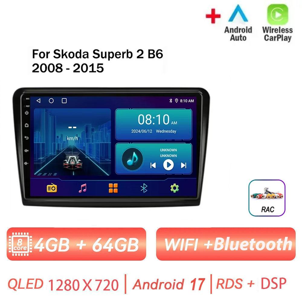 Autoradio Android 17 pour Skoda Superb 2 B6 2008-2015 avec Carplay, Navigation, Lecteur Multimédia, GPS, WiFi+4G, Vidéo, BT, Unité Centrale 2 DIN