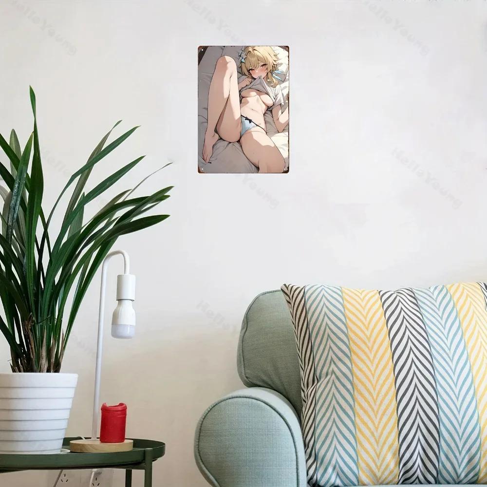 Metal Wall Art Poster of Anime Beauty, Aluminum-Made and Durable.Ideal Vintage Decor for Home, Bar, with Pre-Drilled Hanging Aid