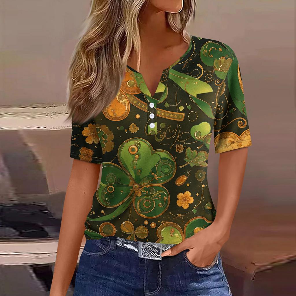 Women's T Shirt Tee Print Button Short Sleeve Daily Weekend Fashion Basic V- Neck Regular Top St. Patrick's Day