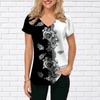 Women's V-Neck Short Sleeve Sunflower Grey White Begonia Flower Printed Tops Loose T-Shirt Casual Blouse