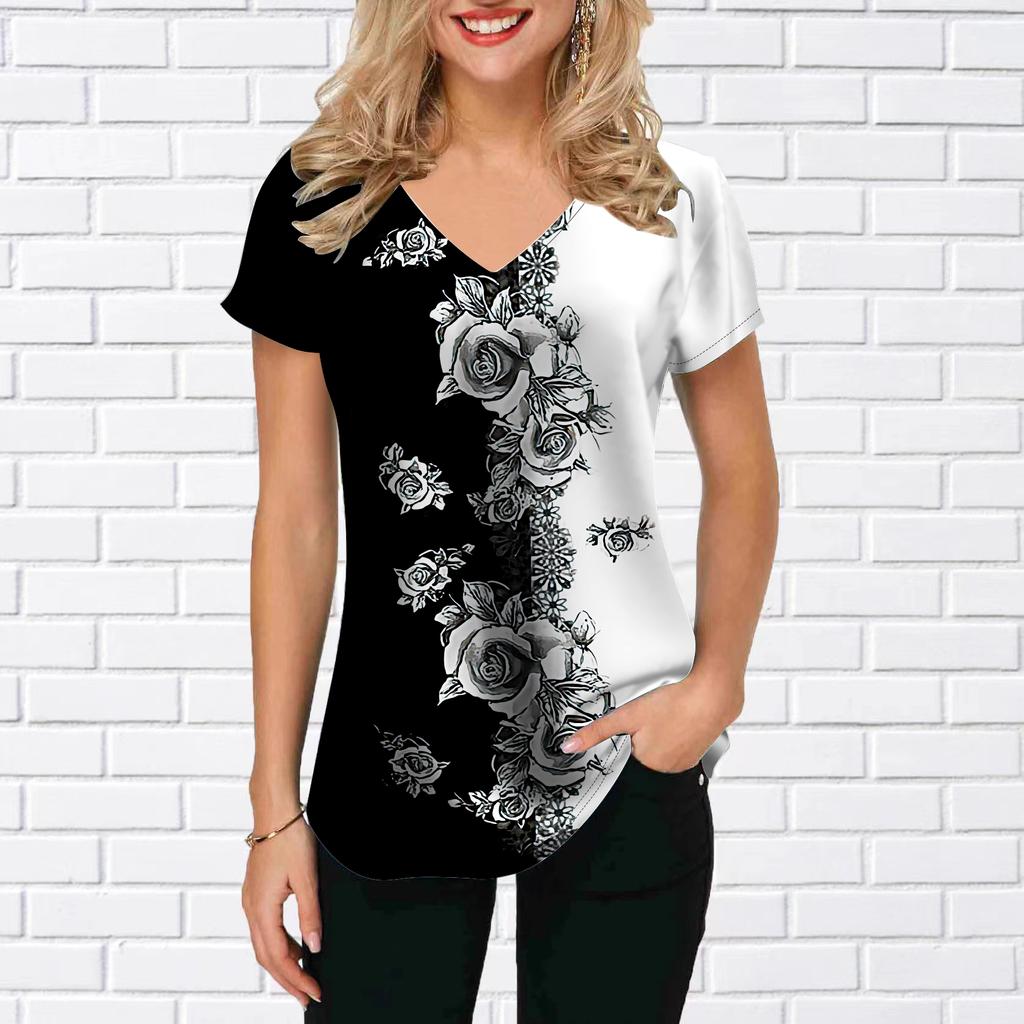 Women's V-Neck Short Sleeve Sunflower Grey White Begonia Flower Printed Tops Loose T-Shirt Casual Blouse
