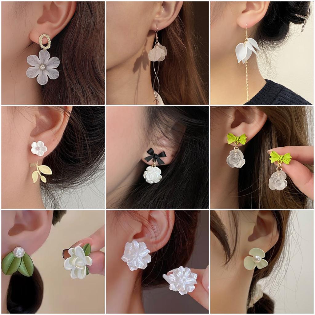 Fashion White Flower Earrings for Women Trendy Crystal Acrylic Pearl Long Tassel Drop Earrings Temperament Party Gift Jewelry